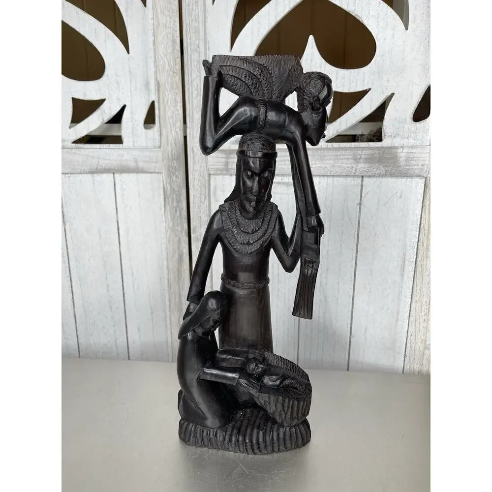 African Statue Ebony Wood Carved Family Of 4 Statue Tanzania 14.5in Mother Baby